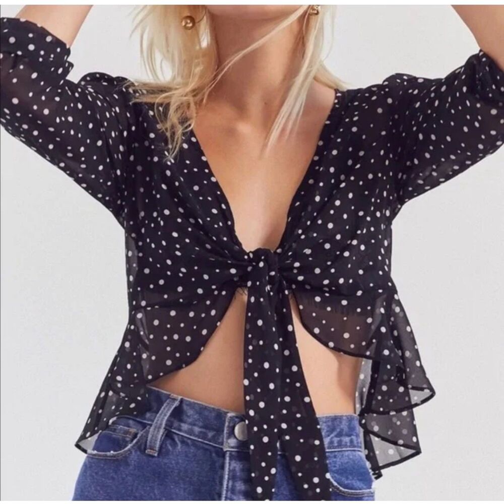 KIMCHI BLUE Tie Front Crop Polka Dots Black Top Blouse
